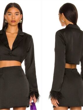 Black Satin Cropped Blazer with Feather Cuffs